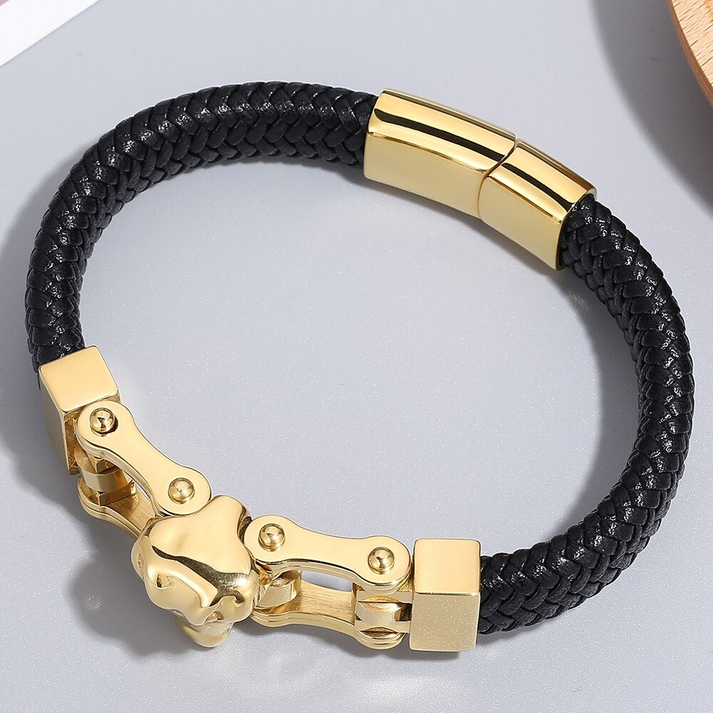 Gold Plated Stainless Steel Crocodile Head Men Leather Bracelets Bangles