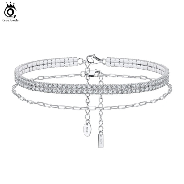 925 Sterling Silver Paper Clip&2mm 2 Rows Tennis Chain Anklet for Women