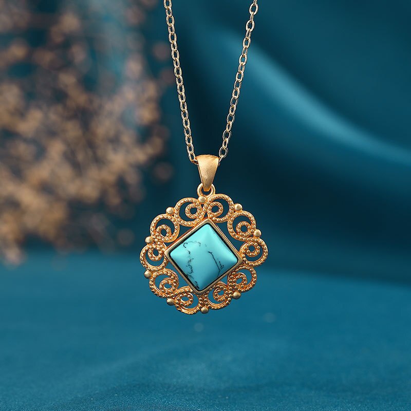 New in Chinese-inspired cutout design Ancient gold craft inlay turquoise necklace pendant