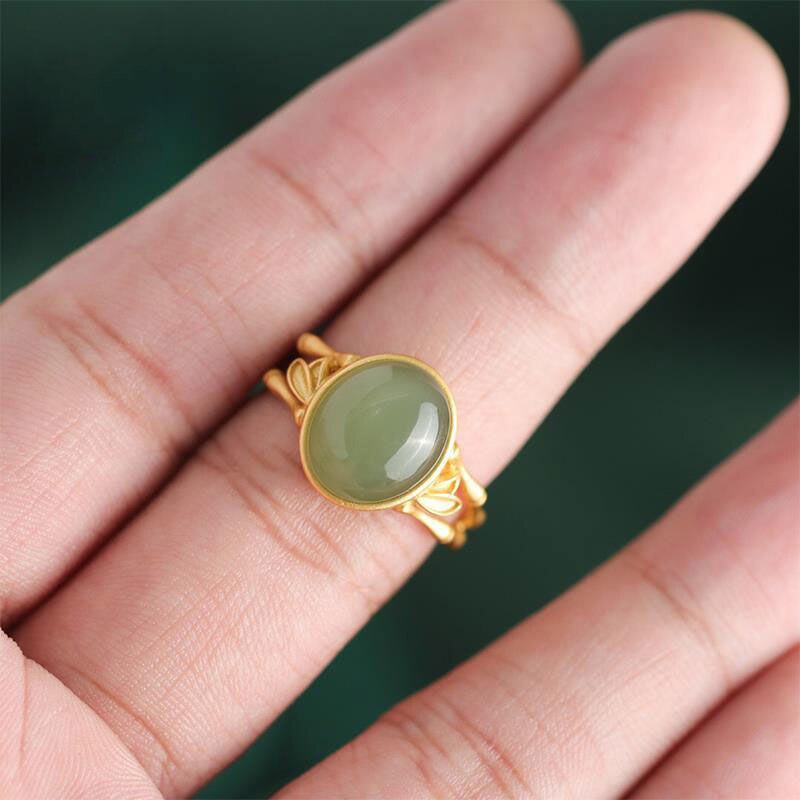 Ancient gold craft inlaid natural hetian green jade oval bamboo open adjustable ring