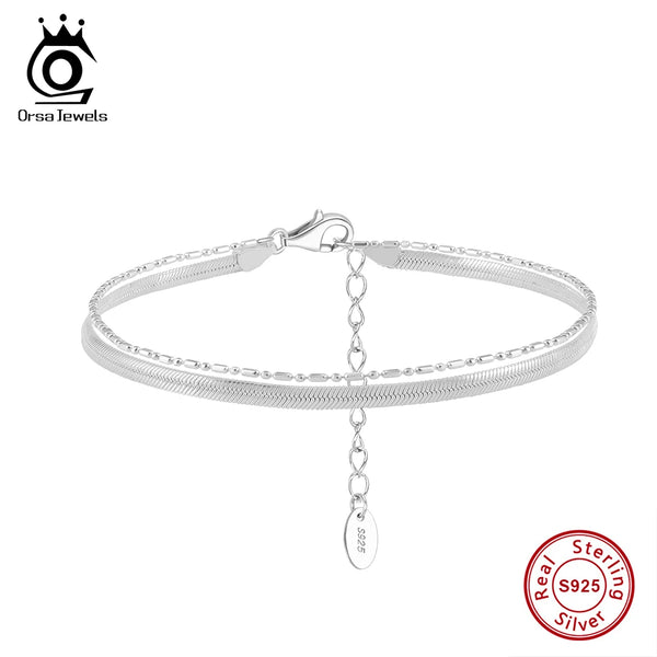 925 Sterling Silver Flexible Flat Herringbone Chain & Ball Bead chain Bracelet