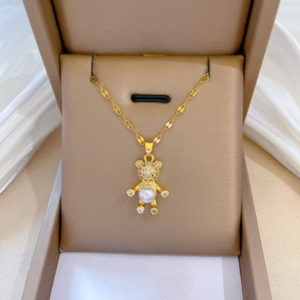 Temperament Luxury Jewelry Pearl Bear  Pendant Necklace For Women