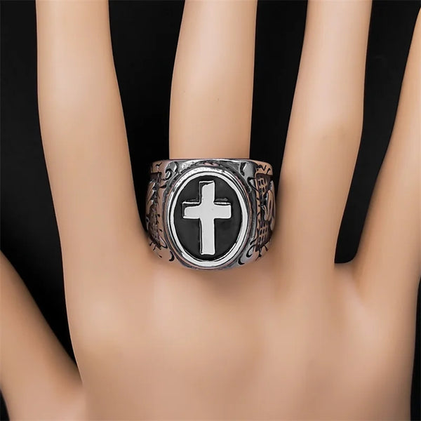 Retro Cross Ring for Men Stainless Steel Silver Color Prayer Hand Finger Band Rings