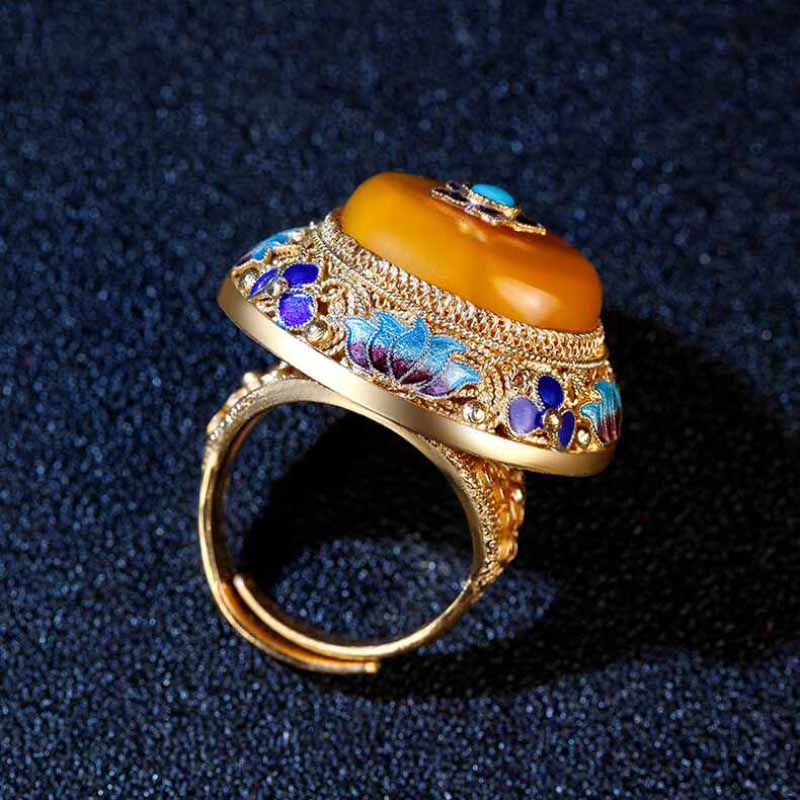 Ancient gold craftsmanship natural yellow chalcedony lotus enamel porcelain rings for women