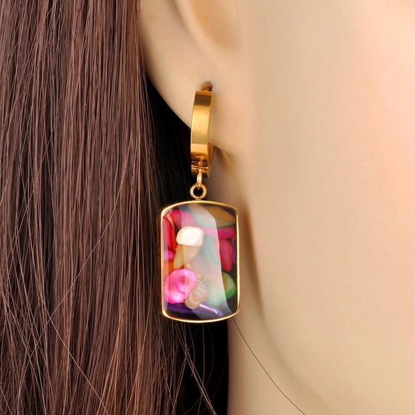 Stainless Steel Colorful Resin Hoop Earrings For Women