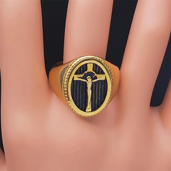 Crucifix Rings Stainless Steel Gold Color Prayer Christian Jesus Ring for Women/Men