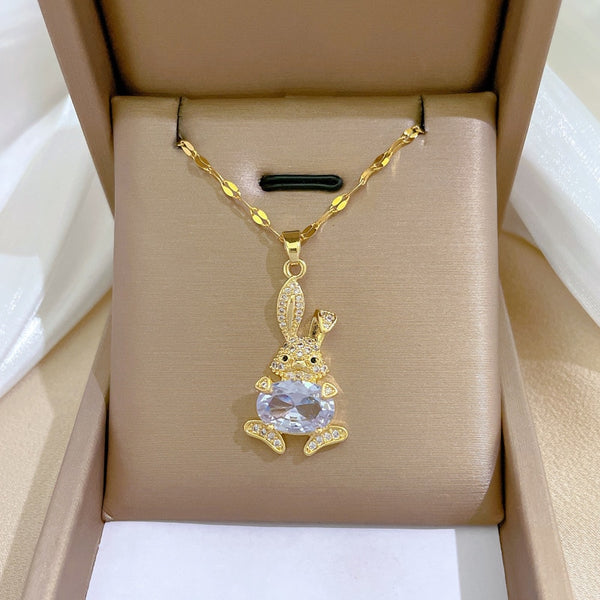 Gold Plated Clear Crystal Cute Animal Rabbit Charm Pendant Necklace For Women