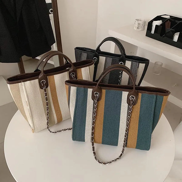 Women Casual Tote Handbag Single Shoulder Crossbody Bag with Large Capacity Striped Chain Bag