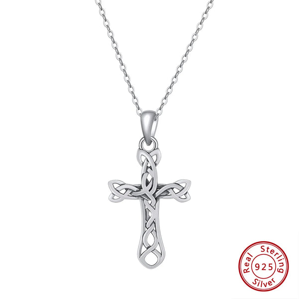 Real 925 Sterling Silver Cross Pendant Necklace Minimalist Celtic Knot Chain