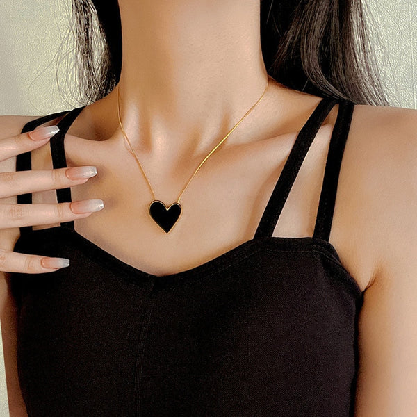 Gold Color Korean Sweet Balck Irregular Heart Big Pendant Necklace For Women