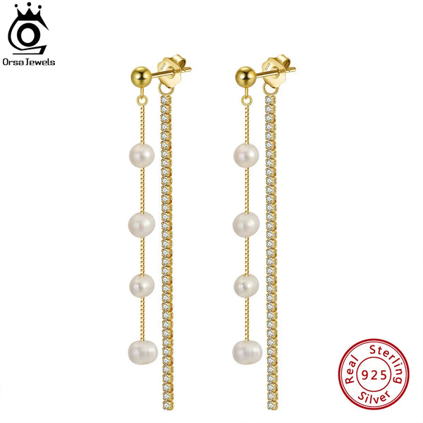 925 Sterling Silver Pearl Dangle Earrings Chain for Women