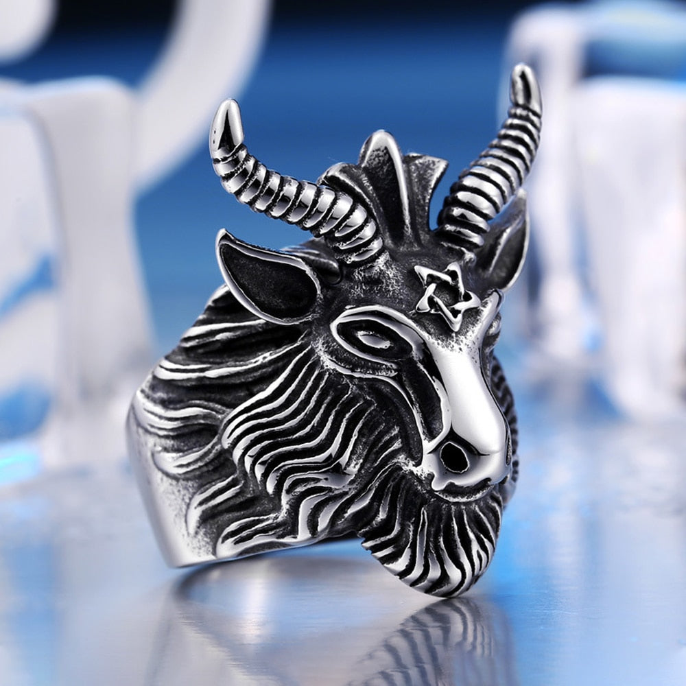 Gothic Men Satan Ring Stainless Steel Punk Biker Satan Six Pointed Star Animal Goat Head Ring