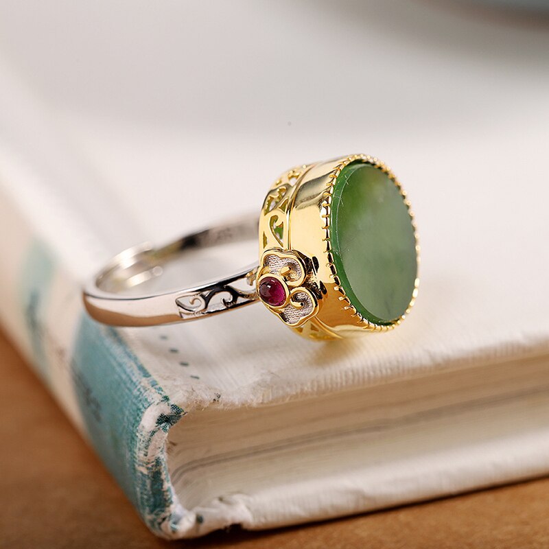 New silver round natural Hetian jasper rings for women