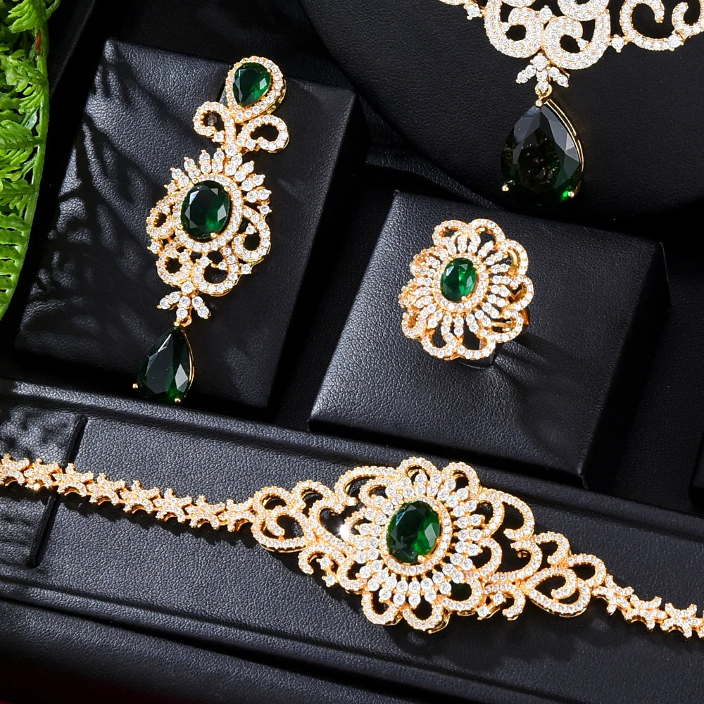 Original Luxury Green CZ Necklace Bangle Earrings Ring 4PCS For Women