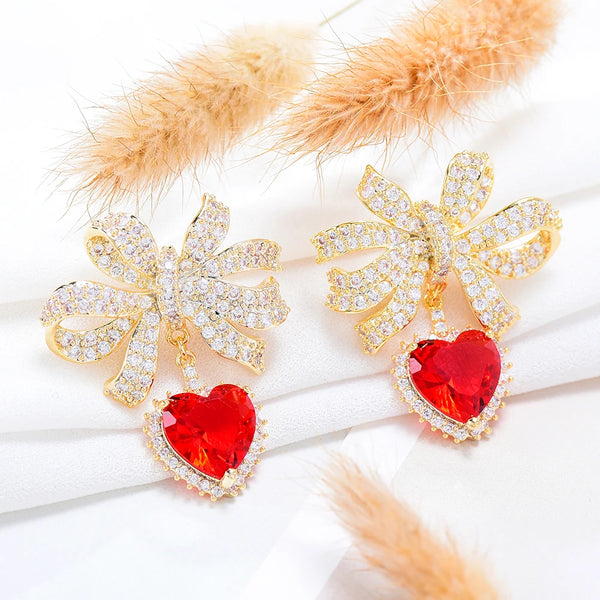 Luxury Bowknot Sweet Heart Drop Earrings Full Cubic Zirconia for Women