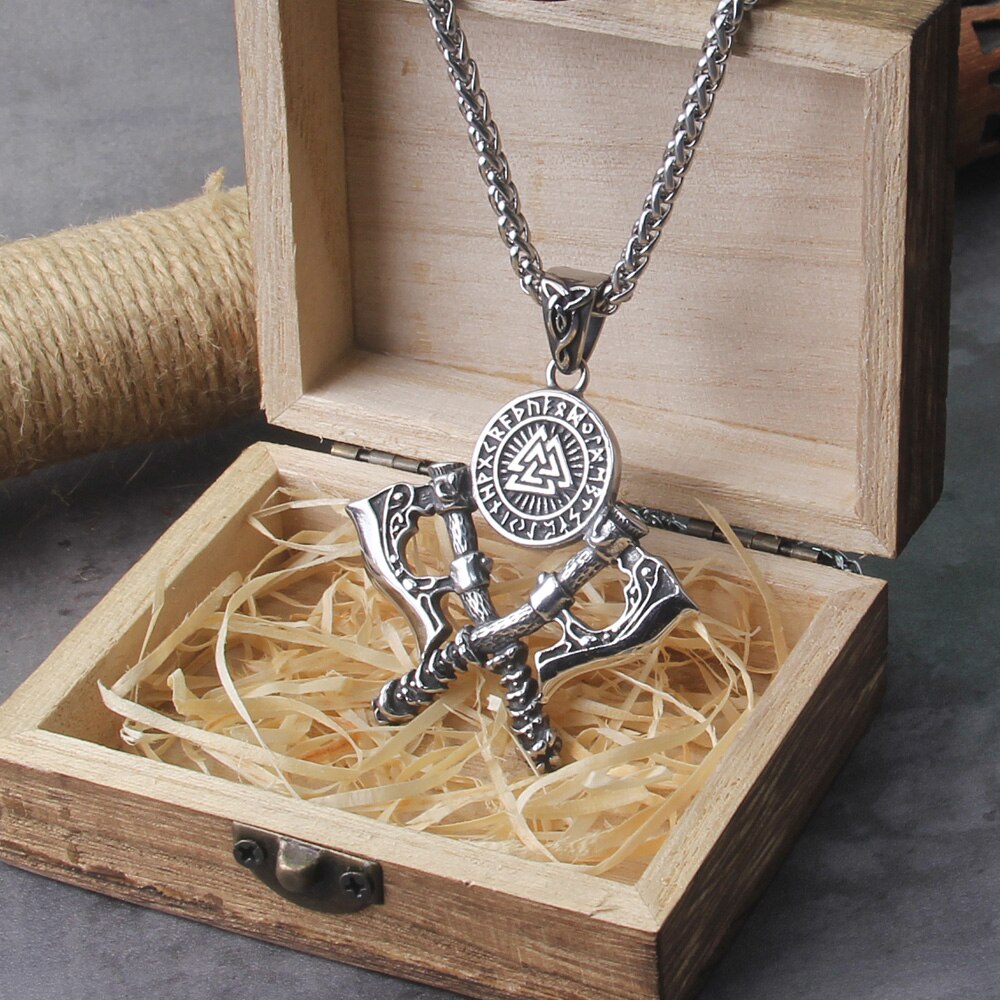 Men's Stainless Steel Exquisite Double Axe Pendant Necklace Nordic Rune Amulet Gift