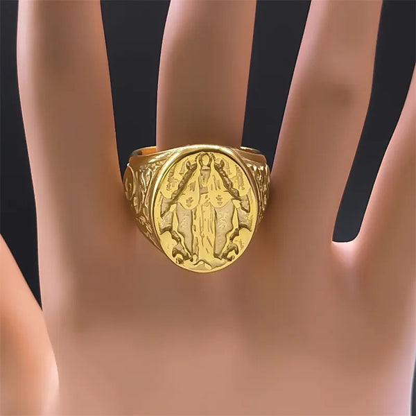 Vintage Christianity Virgin Mary Medal Ring for Men Women