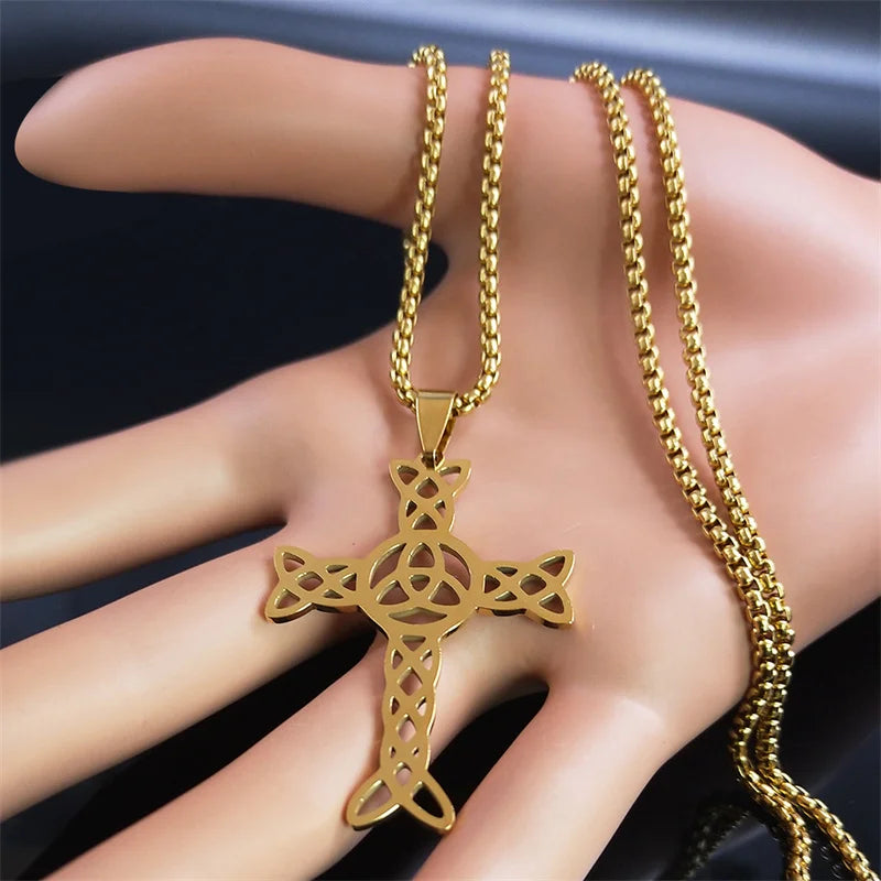 Witch Triquetra Celtic Knot Cross Necklace  Stainless Steel Pagan Wicca Necklaces