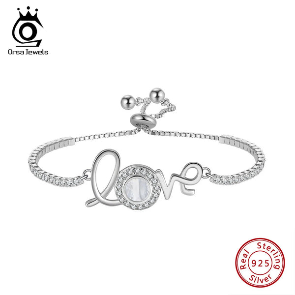 925 Sterling Silver Love Chain Bracelet with Natural Mother of Pearl for Women