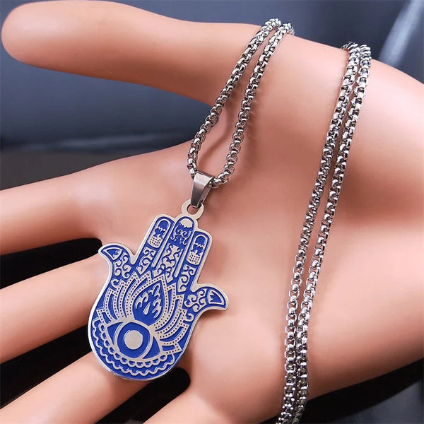 Stainless Steel Blue Color  Hamsa Hand Necklace