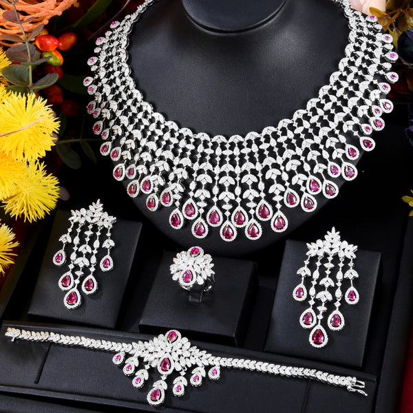 New Luxury Exclusive 4PCS Necklace Bangle Earrings Ring Jewelry Set for Bridal Wedding Women