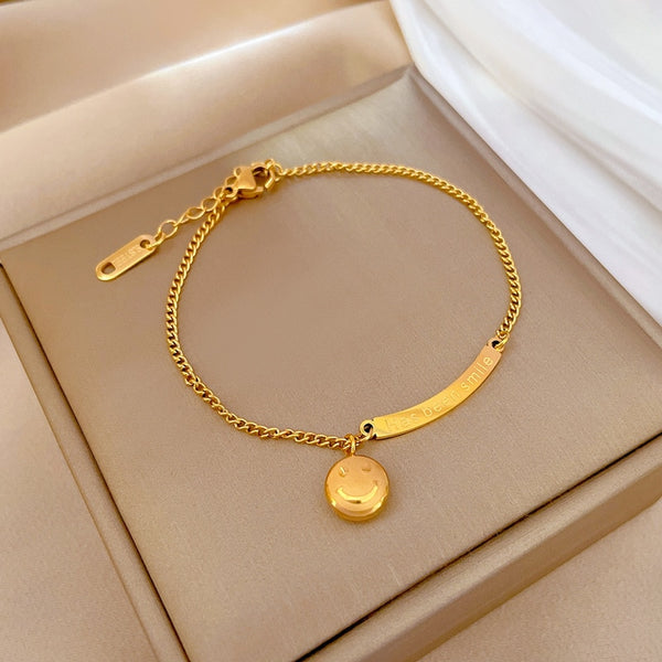 316L Stainless Steel Gold Plated Bracelet Cute Simple Smiling Face Beads Chain