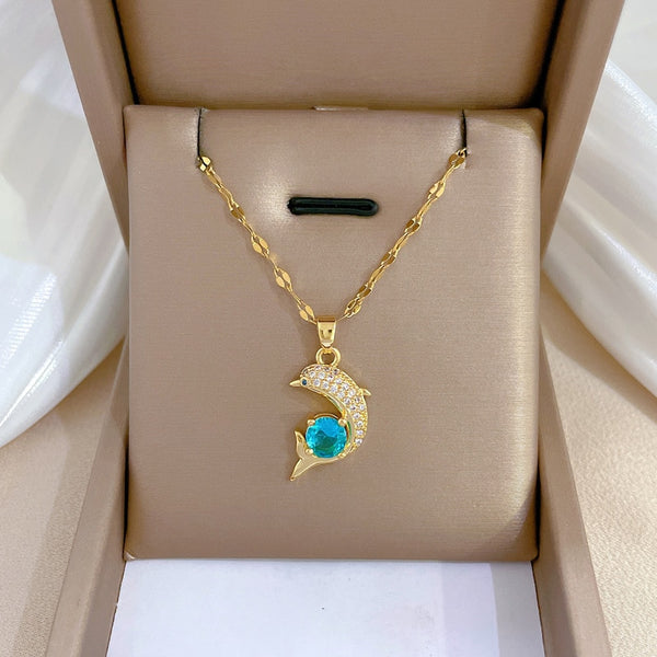 Gold Plated Blue Zircon Animal Dolphin Pendant Necklace For Women