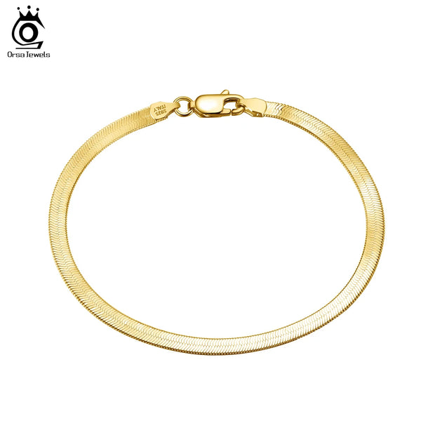 18K Gold 925 Sterling Silver Punk 3mm Flexible Flat Herringbone Chain Bracelet for Women