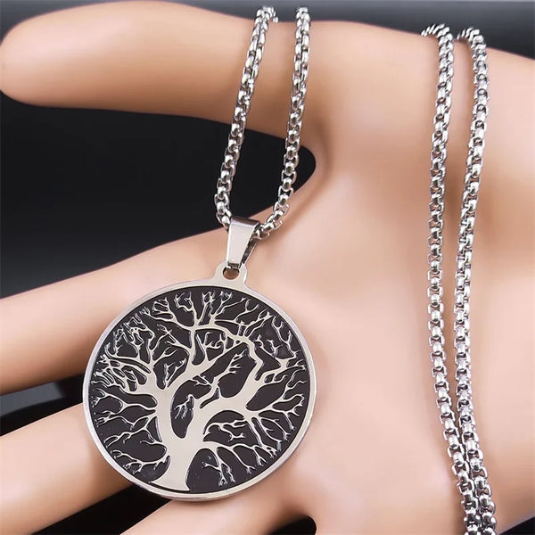 Yoga Tree of Life Pendant Necklaces for Women/Men Stainless Steel Silver Color