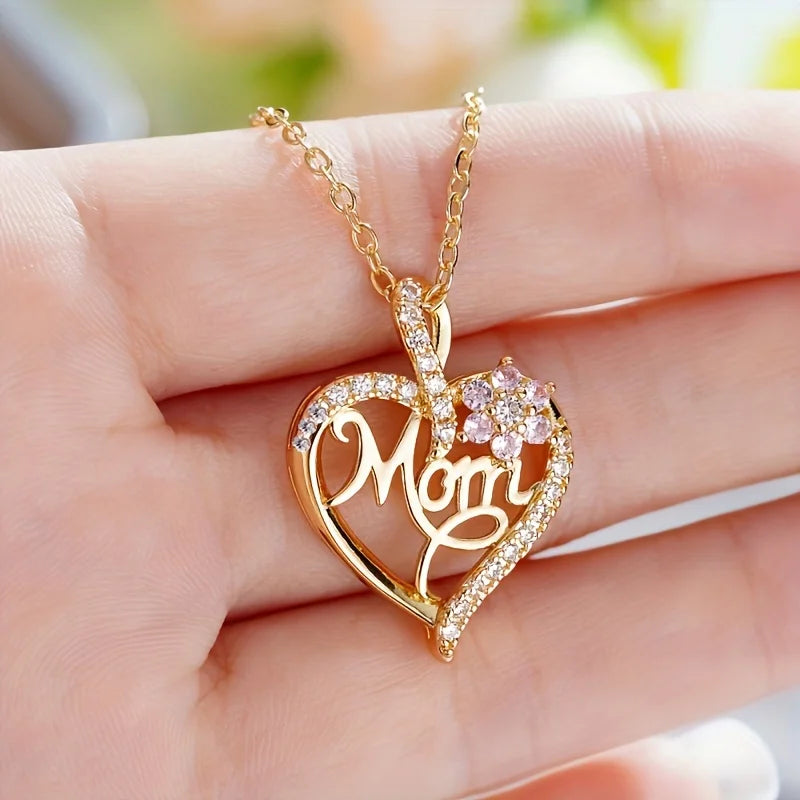 Mom Heart Pendant Necklace With Rose Gift Box For Mom Birthday Christmas Romantic Gift