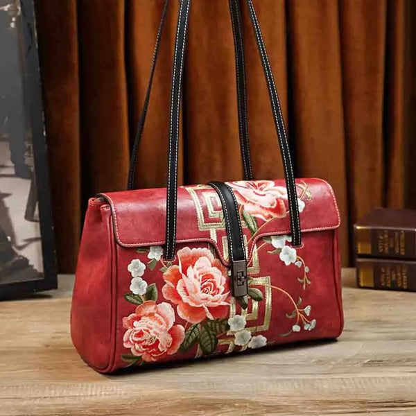 Retro Chinese National Style Women Large Tote Bag Luxury PU Leather Ladies Saddle Bag