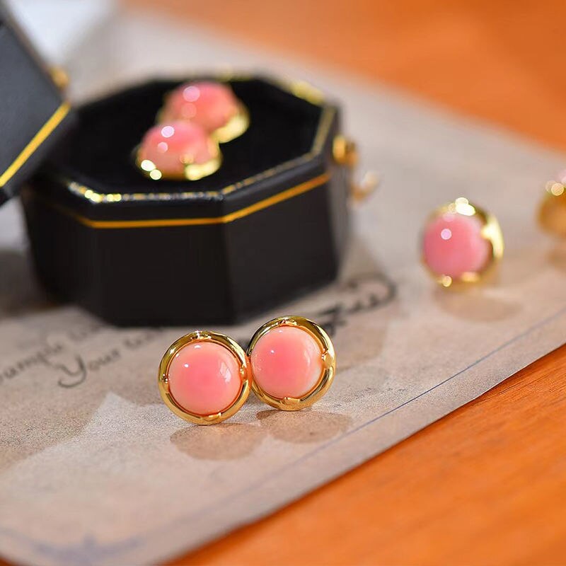 Original design new silver inlaid round pink enamel earrings for women