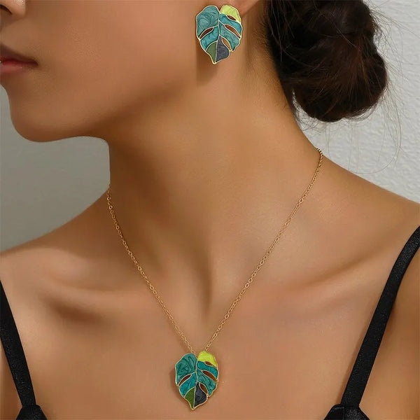 2 PCS Set Boho Epoxy Leaf Shape Necklace Ear Stud Temperament Gold-color Link Chain