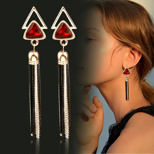 Black Blue Red Triangle 85mm Long Tassel Dangle Drop Earrings For Women