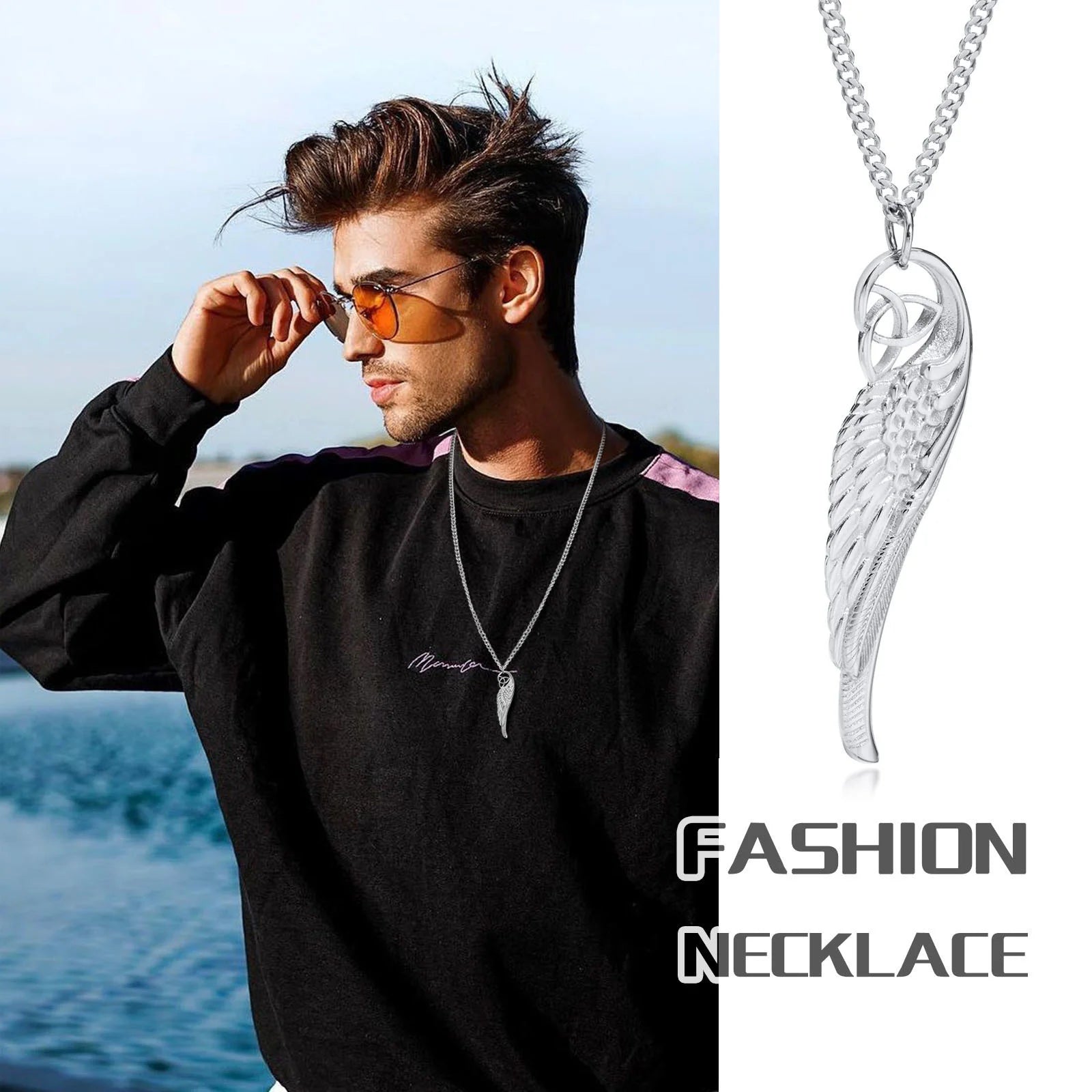 Nordic Viking Celtic Knot Necklaces for Men, Stainless Steel Angel Wing Pendant