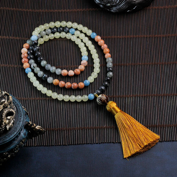 Women's necklace for healing and meditation 8mm necklace with beads, yellow cotton necklace with tassel