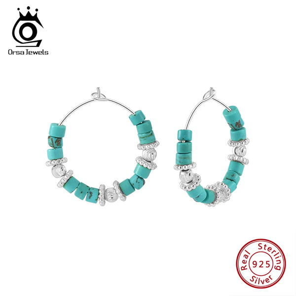 925 Silver Turquoise Hoop Earrings Fashion Blue Turquoise Ear Buckle for Women