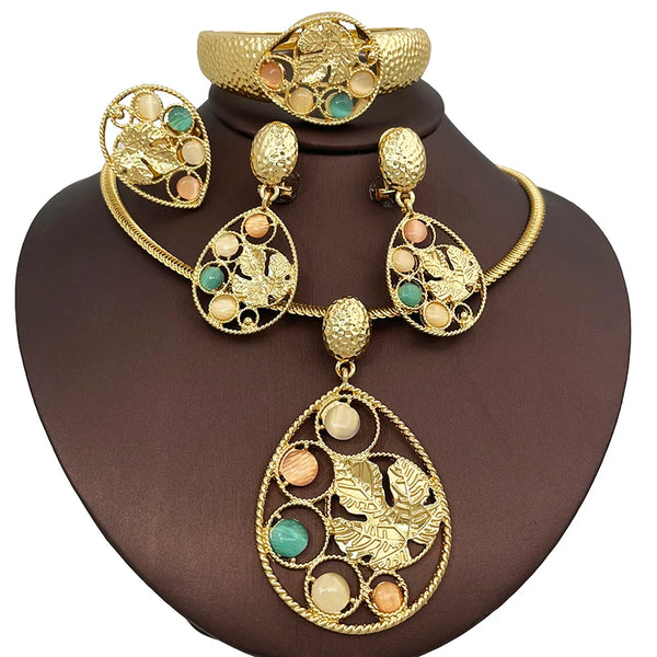 Luxury Colorful Leaf Opal Necklace Earring Bangle Ring Set Wedding Gift Women