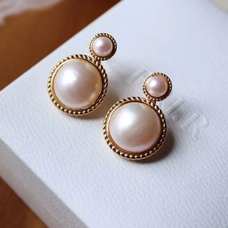 original silver inlaid round pearl earrings