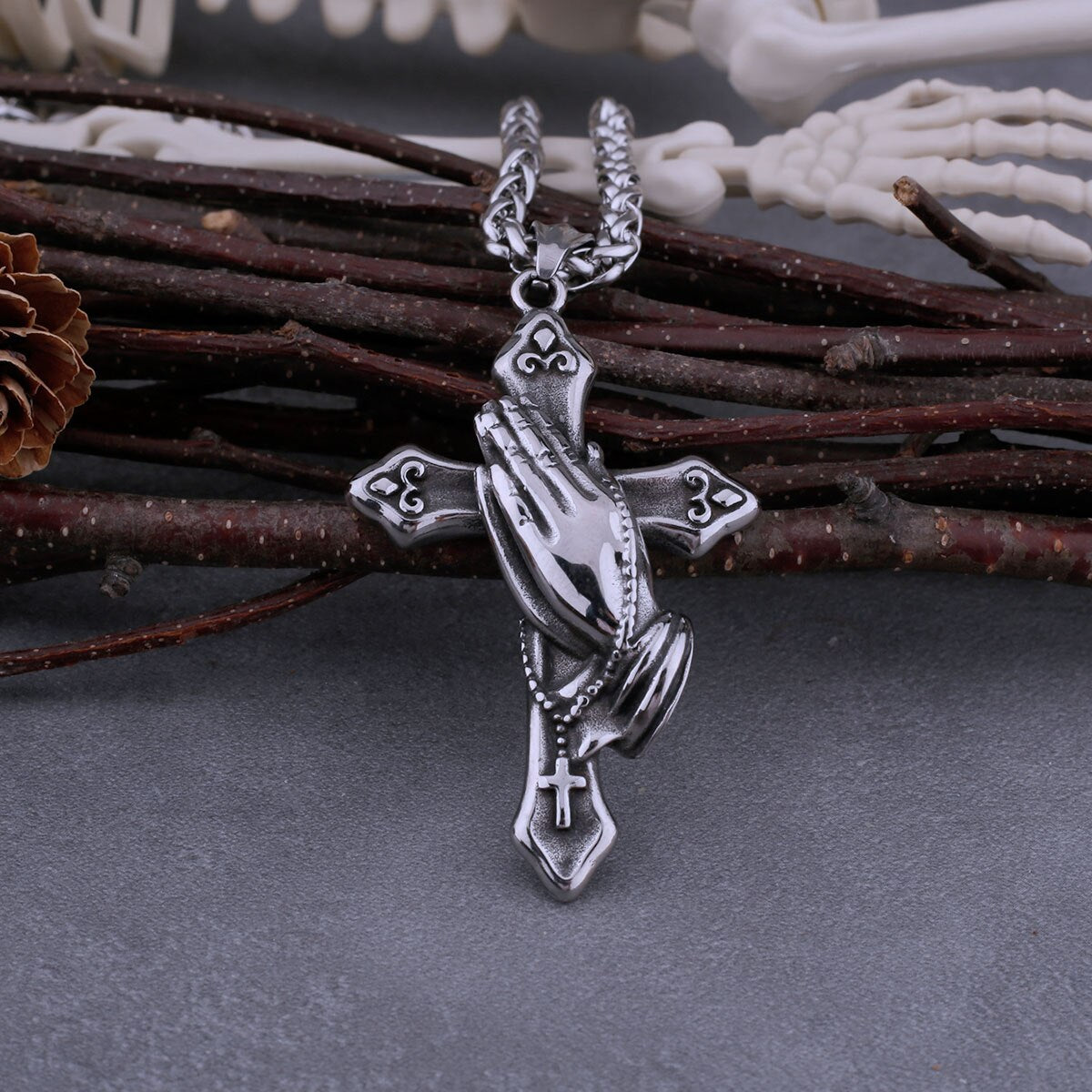 Stainless Steel Cross Prayer Hand Necklace Men's