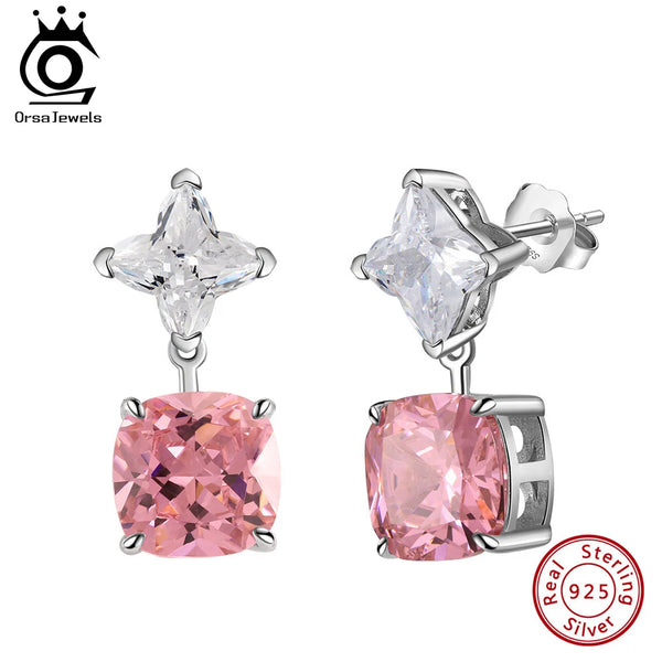 Genuine 925 Sterling Silver 5A Clear Pink CZ Dangle Earrings