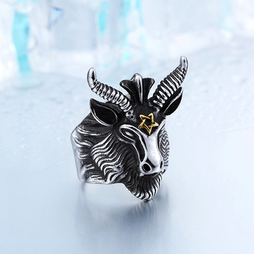 Gothic Men Satan Ring Stainless Steel Punk Biker Satan Six Pointed Star Animal Goat Head Ring