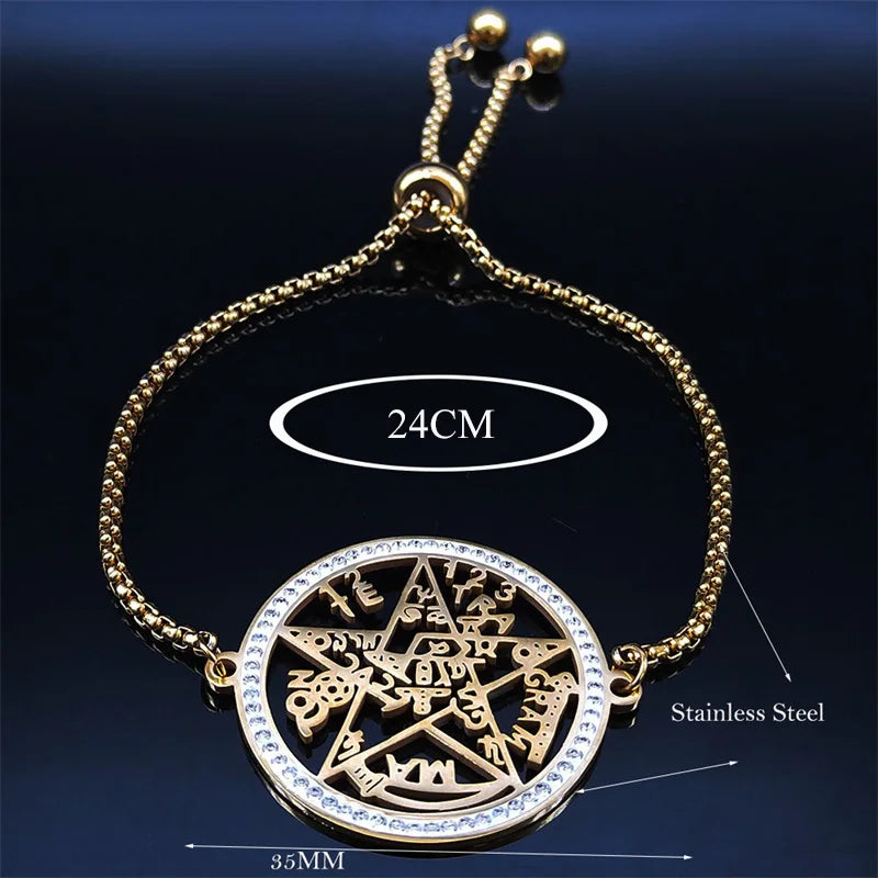 Witchcraft Tetragrammaton Pentagram Sigil Crystal Stainless Steel Bracelet Women