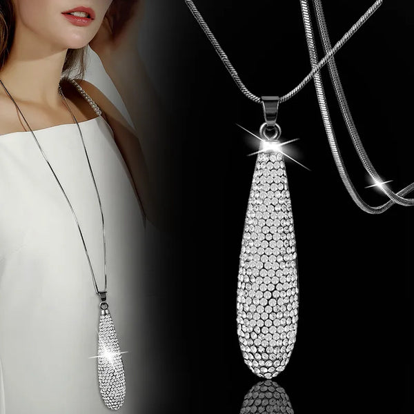 Dazzling Full Crystal Teardrop Pendant Long Necklace Black Silver Color Chain Women