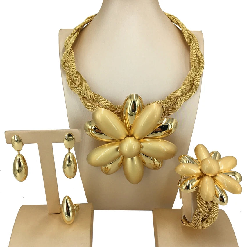 High Quality Big Flower Brazilian Gold Plated Jewelry Sets for Women Party Gifts