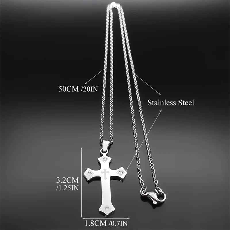 Catholic Cross Chain Necklace for Women Men Stainless Steel Crystal Blessing Necklaces