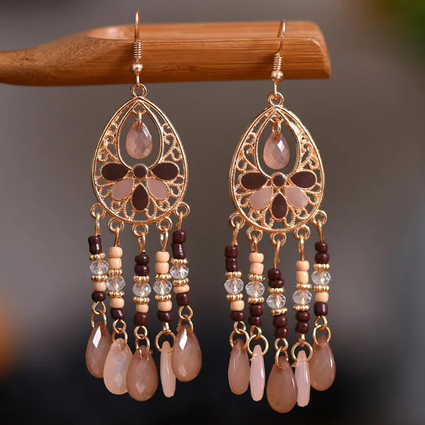 Vintage Ethnic Long Drop Glaze Flower Beads Tassel Earrings for Women