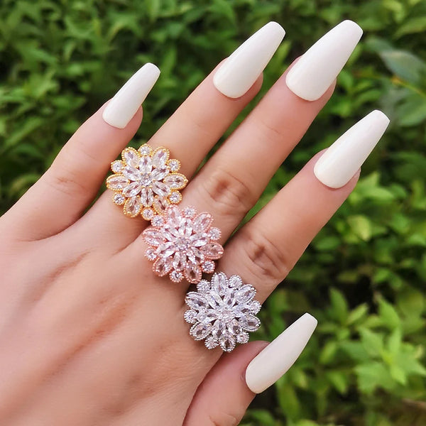 Ice Flower Crystal Finger Rings Adjustable Size Rose Gold Silver Color Women