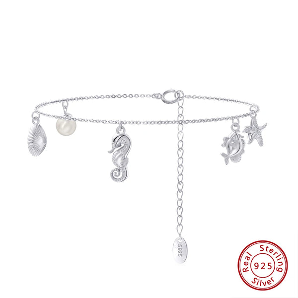 925 Sterling Silver Seahorse Starfish Shell Bracelet for Women