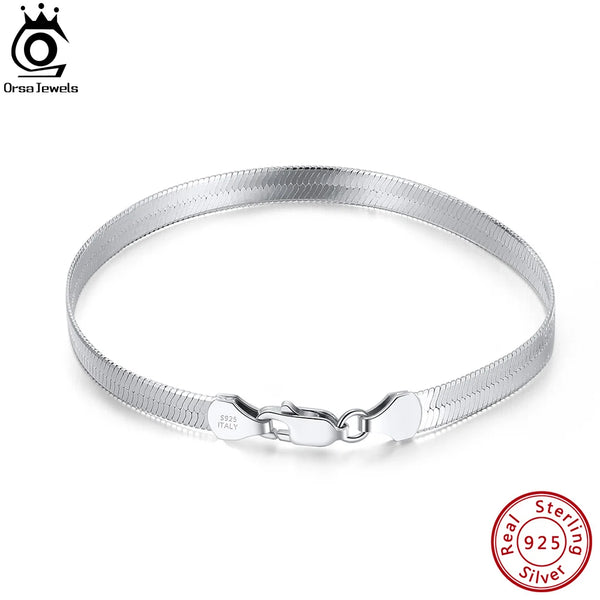 925 Sterling Silver 4.5mm Italian Handmade Flexible Flat Herringbone Bracelet for Women